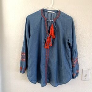 Women Embroidered Tunic Top Orange Tassel Boho‎ Peasant Long Sleeve